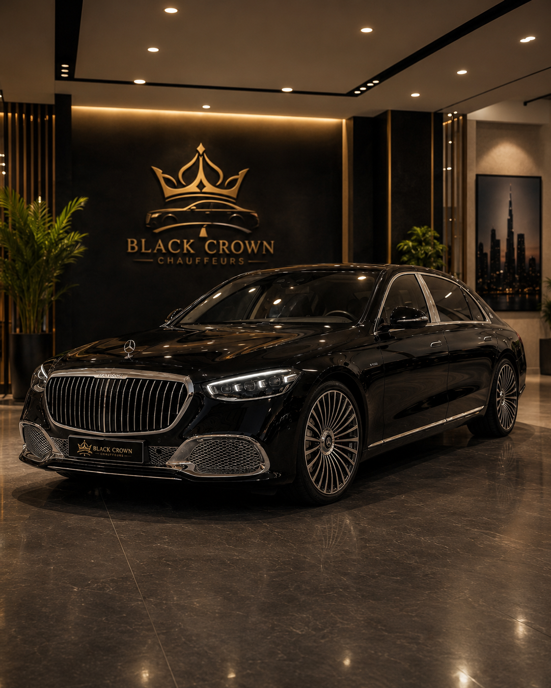 Mercedes-Maybach S-Class chauffeur vehicle in luxury showroom