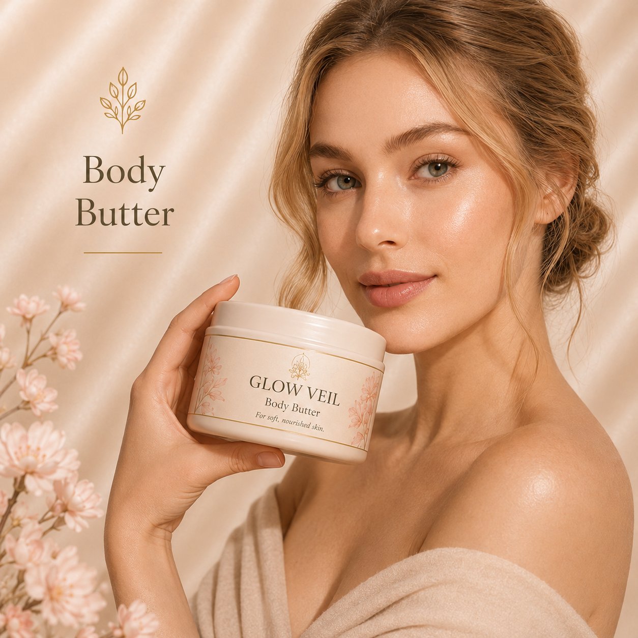 Model holding Glow Veil Body Butter