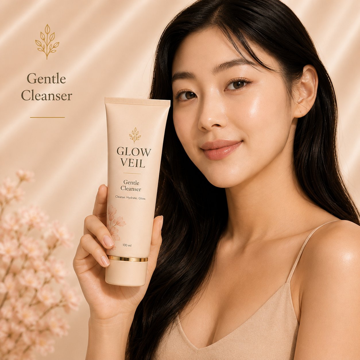 Model holding Glow Veil Gentle Cleanser
